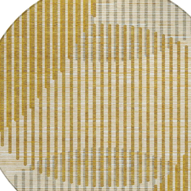 8' Gold And Beige Round Geometric Washable Indoor Outdoor Area Rug