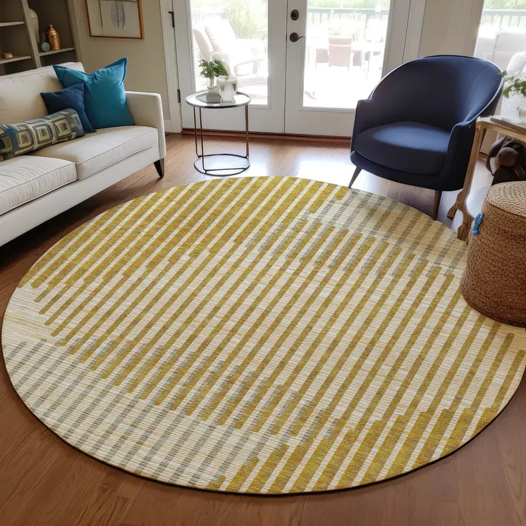 8' Gold And Beige Round Geometric Washable Indoor Outdoor Area Rug