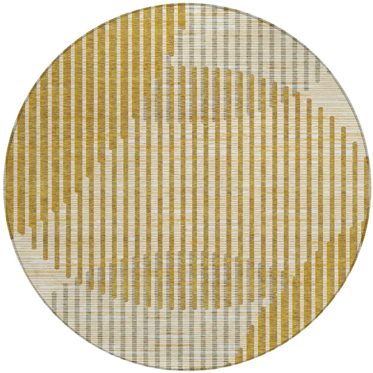 8' Gold And Beige Round Geometric Washable Indoor Outdoor Area Rug