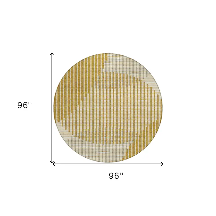 8' Gold And Beige Round Geometric Washable Indoor Outdoor Area Rug