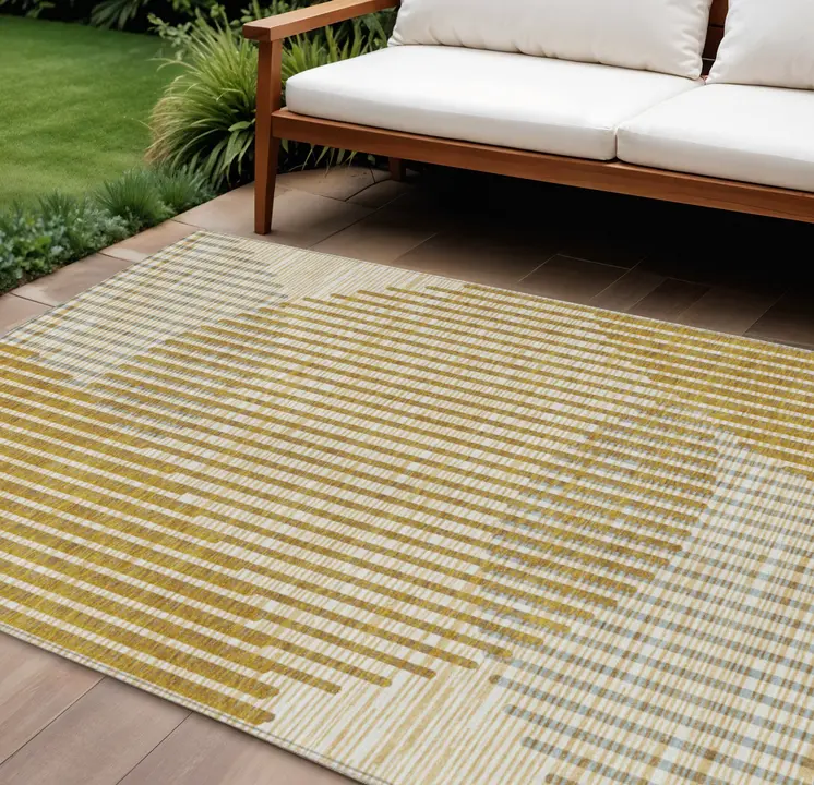 8' X 10' Gold And Beige Geometric Washable Indoor Outdoor Area Rug