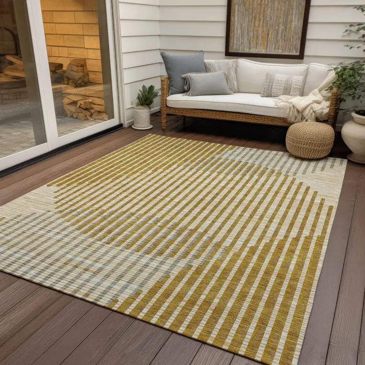 8' X 10' Gold And Beige Geometric Washable Indoor Outdoor Area Rug