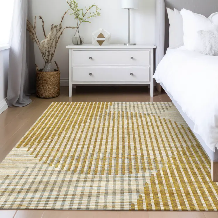 10' X 14' Gold And Beige Geometric Washable Indoor Outdoor Area Rug