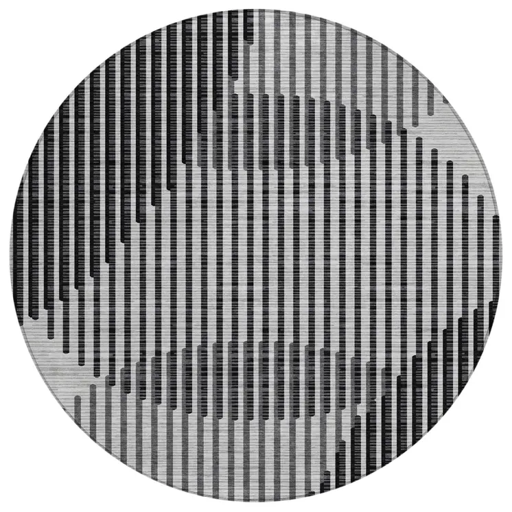 8' Gray And Black Round Geometric Washable Indoor Outdoor Area Rug