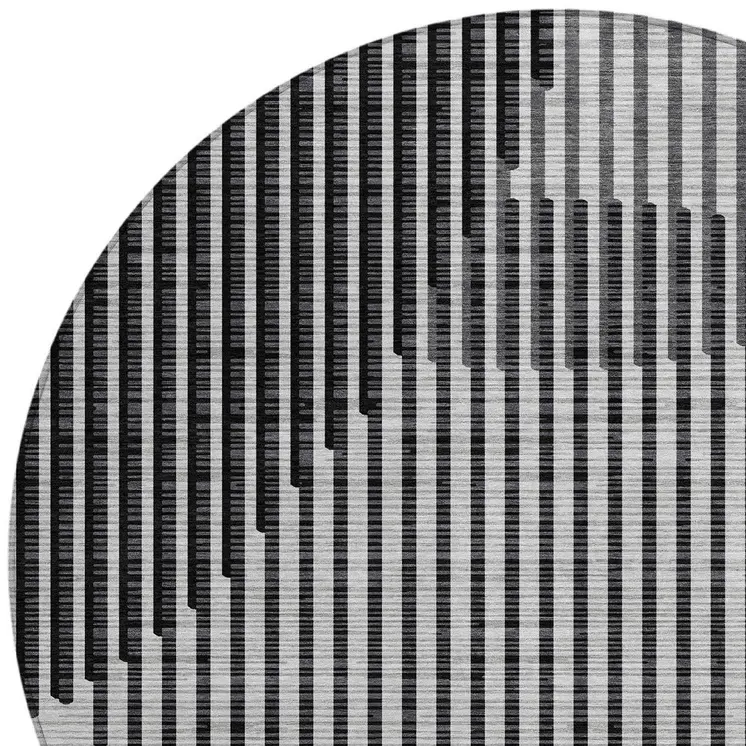 8' Gray And Black Round Geometric Washable Indoor Outdoor Area Rug