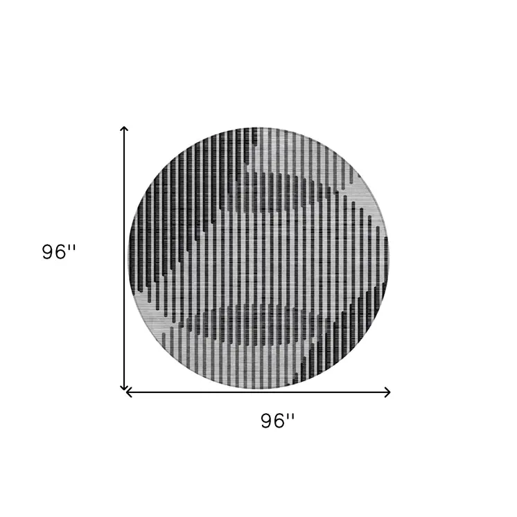 8' Gray And Black Round Geometric Washable Indoor Outdoor Area Rug