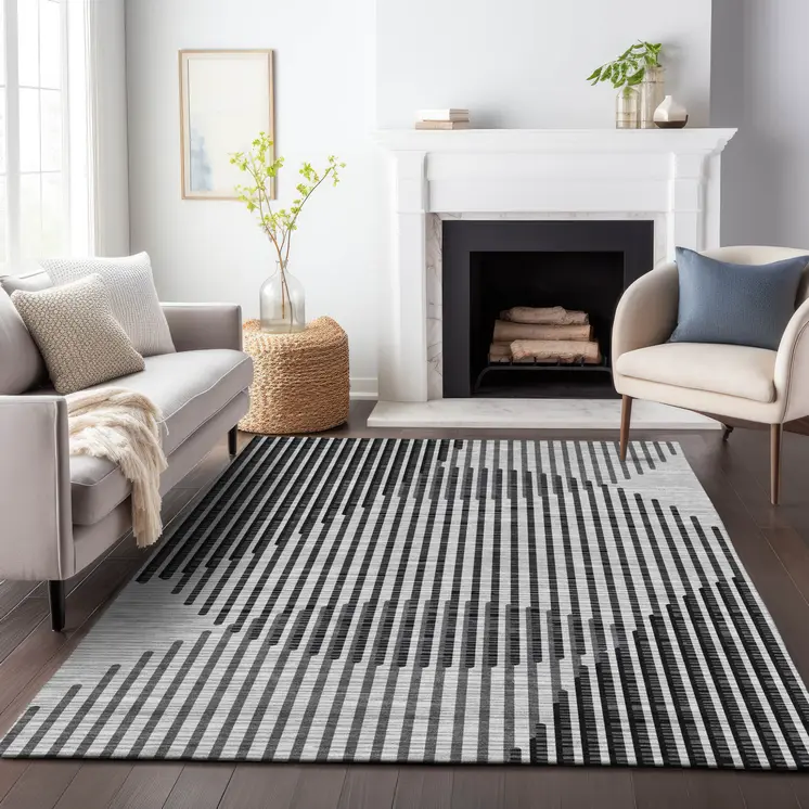 9' X 12' Gray And Black Geometric Washable Indoor Outdoor Area Rug