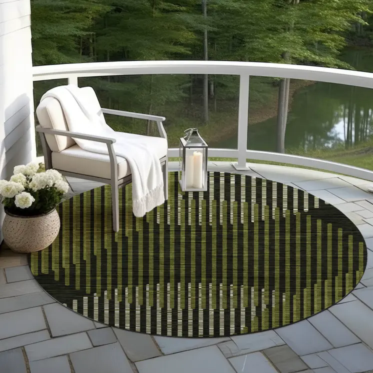 8' Olive Green And Black Round Geometric Washable Indoor Outdoor Area Rug