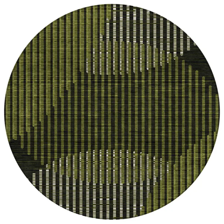 8' Olive Green And Black Round Geometric Washable Indoor Outdoor Area Rug