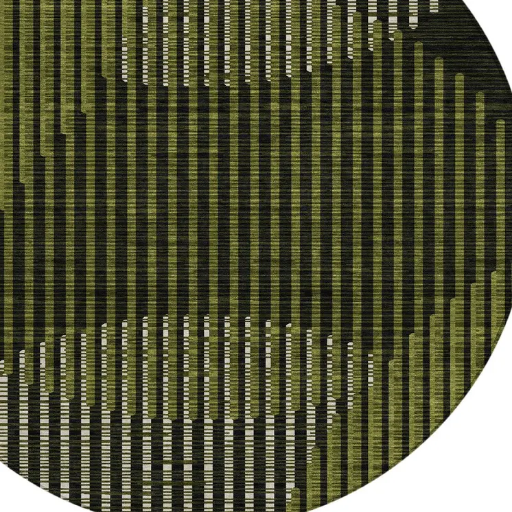 8' Olive Green And Black Round Geometric Washable Indoor Outdoor Area Rug