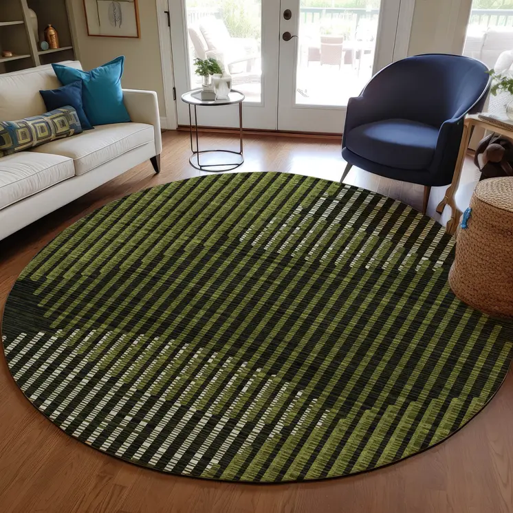 8' Olive Green And Black Round Geometric Washable Indoor Outdoor Area Rug