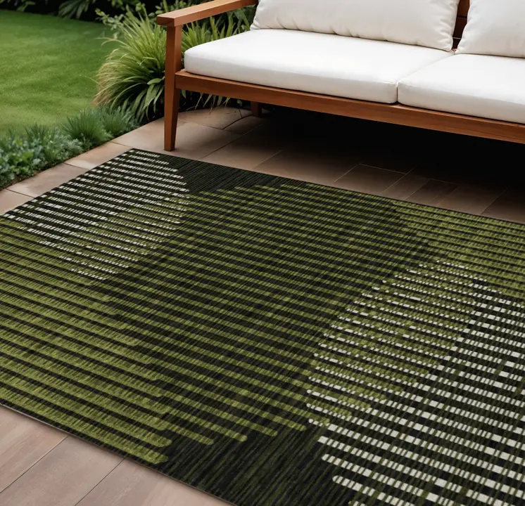 9' X 12' Olive Green And Black Geometric Washable Indoor Outdoor Area Rug