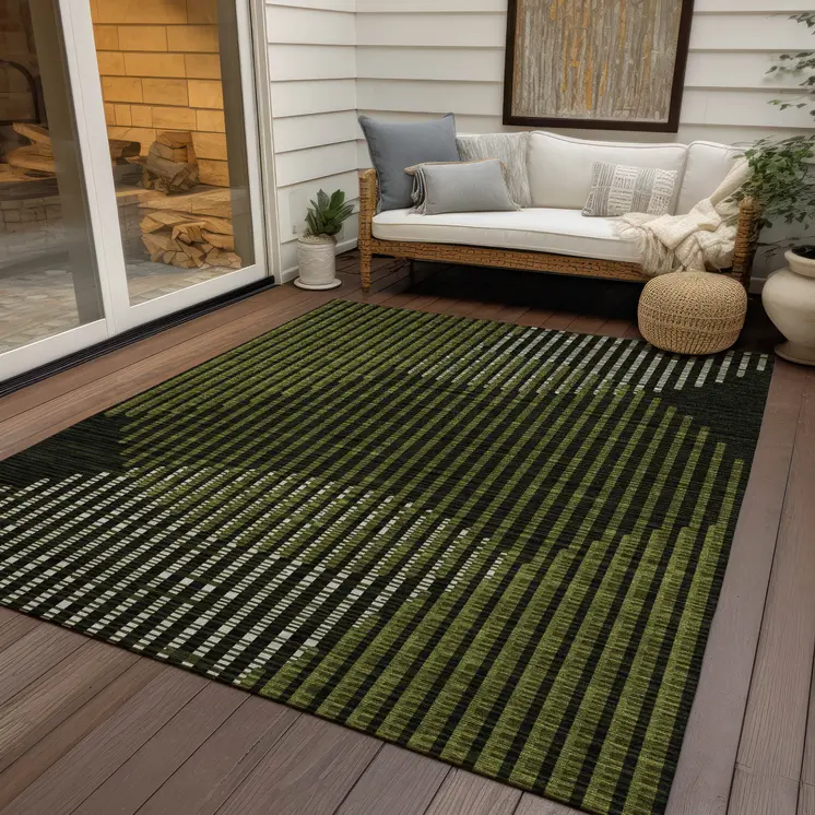 9' X 12' Olive Green And Black Geometric Washable Indoor Outdoor Area Rug