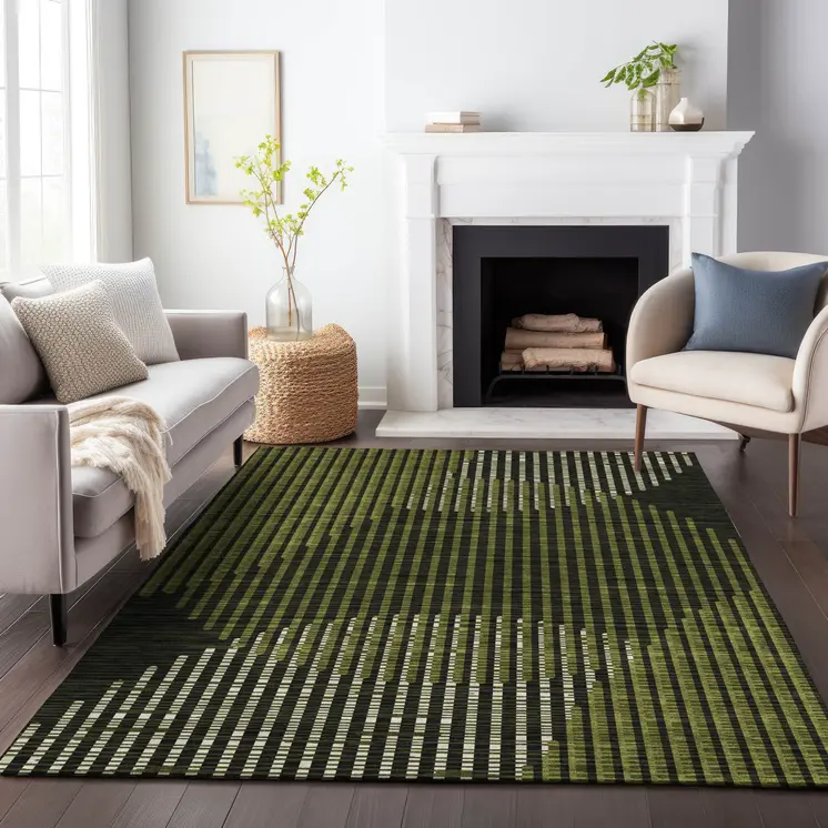 9' X 12' Olive Green And Black Geometric Washable Indoor Outdoor Area Rug