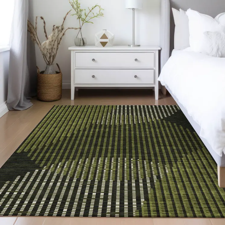9' X 12' Olive Green And Black Geometric Washable Indoor Outdoor Area Rug