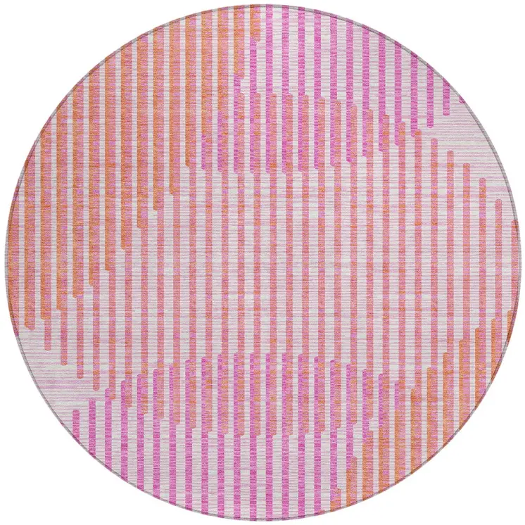8' Pink Copper And Ivory Round Geometric Washable Indoor Outdoor Area Rug