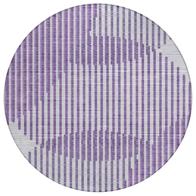 8' Purple Gray And Ivory Round Geometric Washable Indoor Outdoor Area Rug