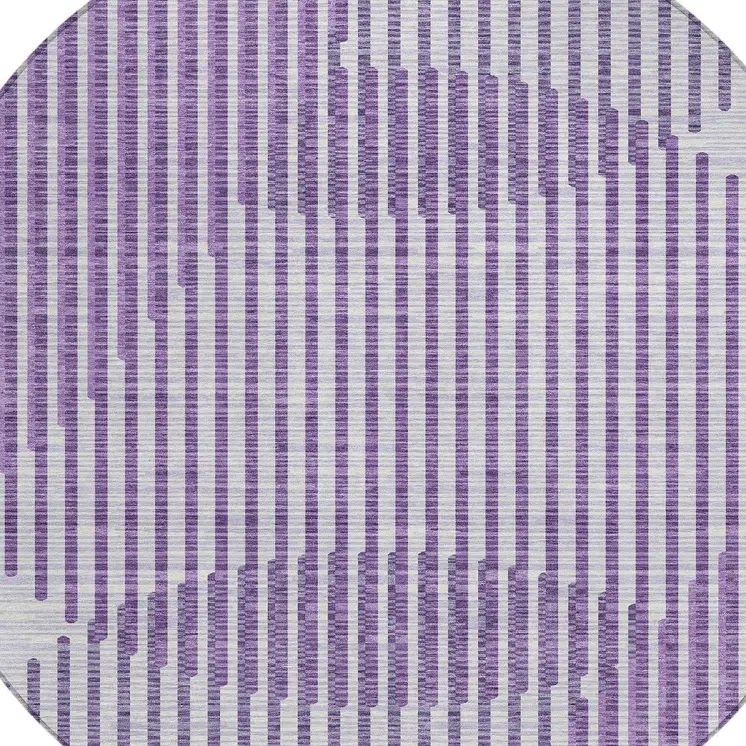 8' Purple Gray And Ivory Round Geometric Washable Indoor Outdoor Area Rug