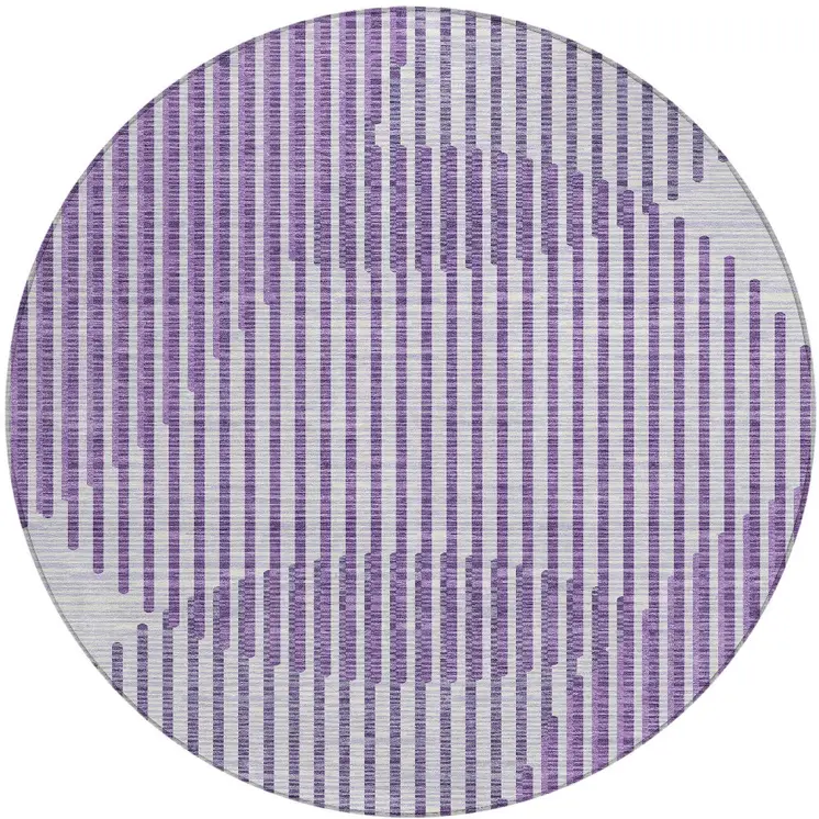 8' Purple Gray And Ivory Round Geometric Washable Indoor Outdoor Area Rug