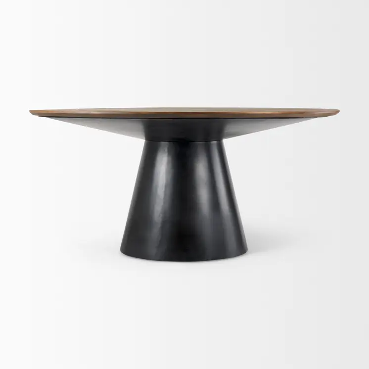 63" Brown and Black Solid Wood and Metal Pedestal Base Round Top Dining Table