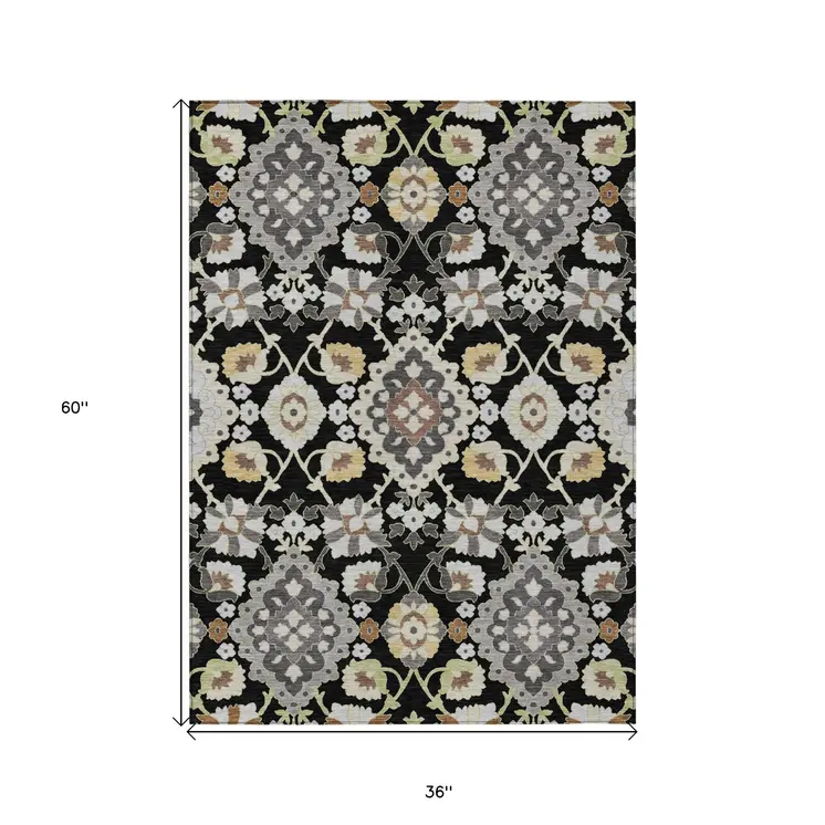 3' X 5' Black Gray And Brown Oriental Washable Indoor Outdoor Area Rug