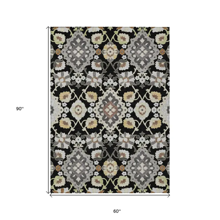 5' X 8' Black Gray And Brown Oriental Washable Indoor Outdoor Area Rug