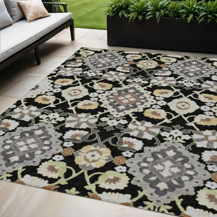 5' X 8' Black Gray And Brown Oriental Washable Indoor Outdoor Area Rug