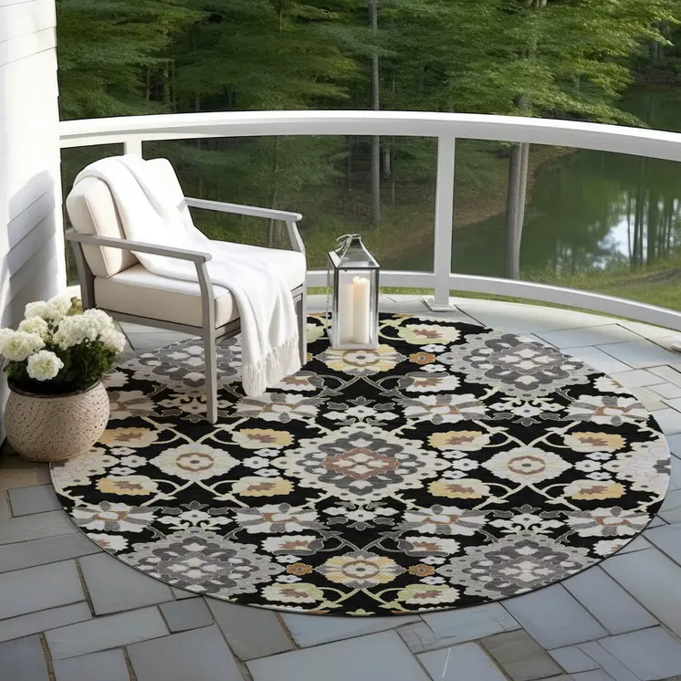 8' Black Gray And Brown Round Oriental Washable Indoor Outdoor Area Rug
