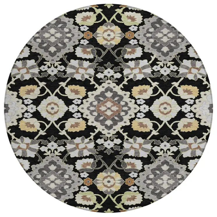 8' Black Gray And Brown Round Oriental Washable Indoor Outdoor Area Rug