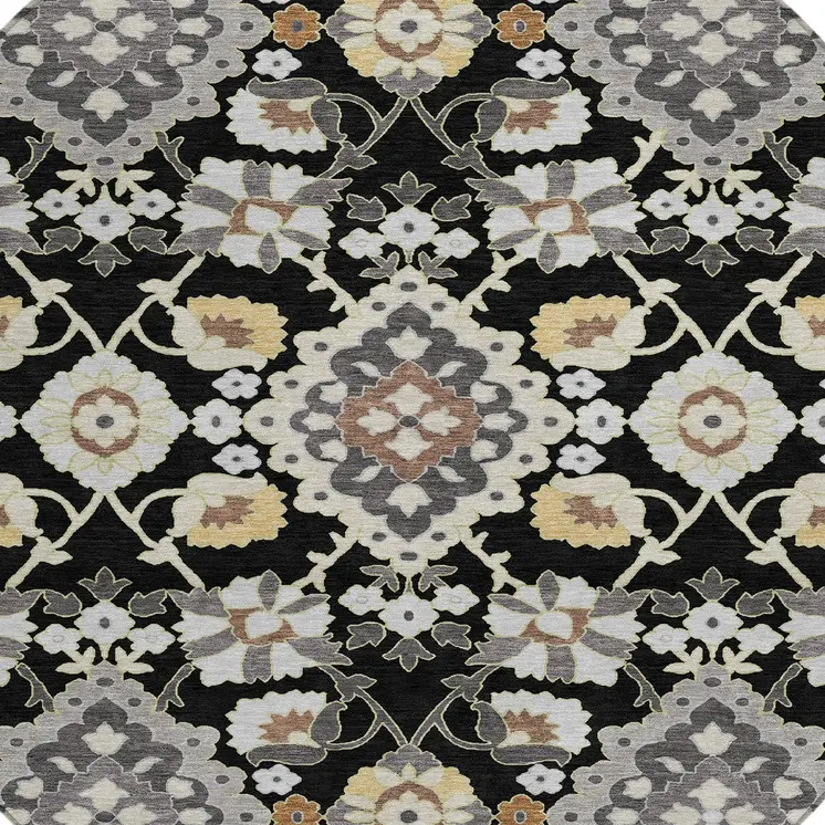 8' Black Gray And Brown Round Oriental Washable Indoor Outdoor Area Rug