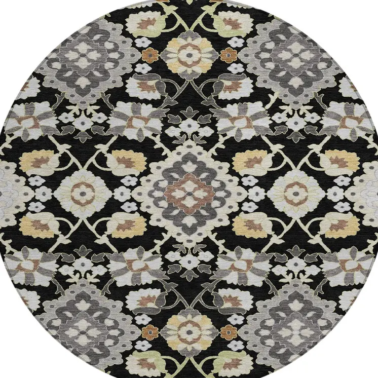 8' Black Gray And Brown Round Oriental Washable Indoor Outdoor Area Rug