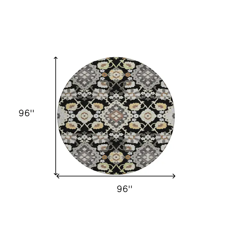 8' Black Gray And Brown Round Oriental Washable Indoor Outdoor Area Rug