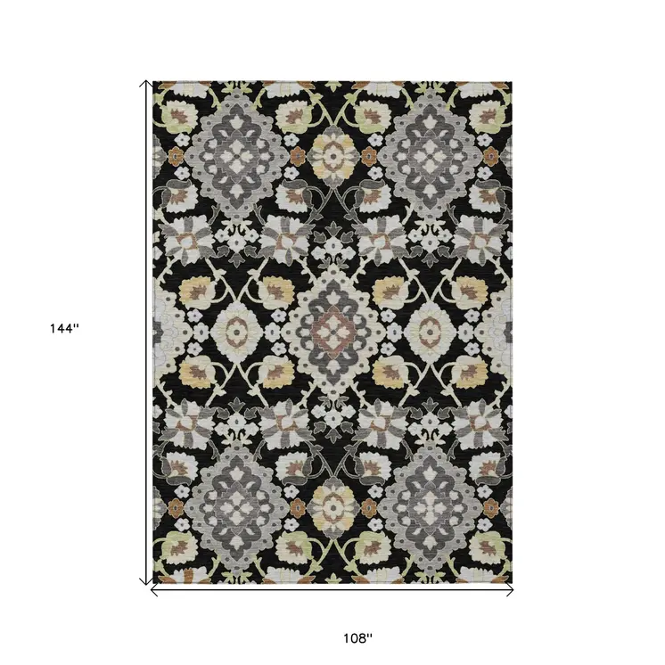 9' X 12' Black Gray And Brown Oriental Washable Indoor Outdoor Area Rug