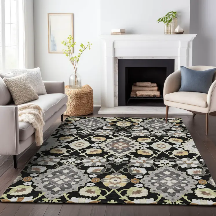 9' X 12' Black Gray And Brown Oriental Washable Indoor Outdoor Area Rug
