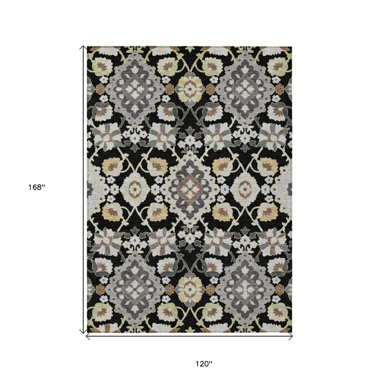 10' X 14' Black Gray And Brown Oriental Washable Indoor Outdoor Area Rug