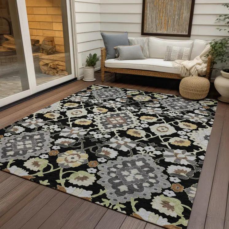 10' X 14' Black Gray And Brown Oriental Washable Indoor Outdoor Area Rug