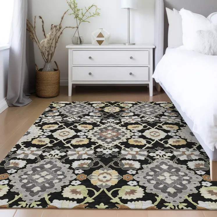 10' X 14' Black Gray And Brown Oriental Washable Indoor Outdoor Area Rug