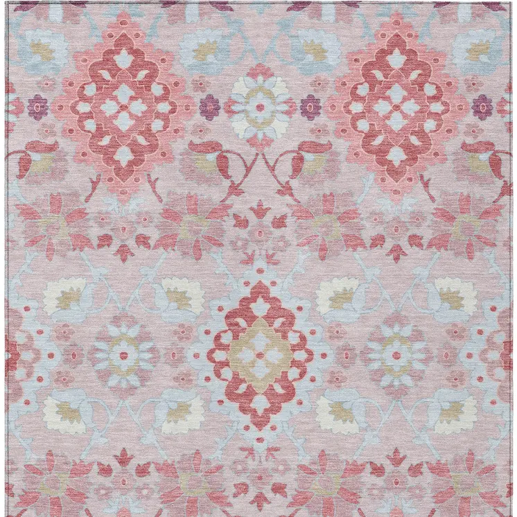 5' X 8' Blush Sky Blue And Brown Oriental Washable Indoor Outdoor Area Rug