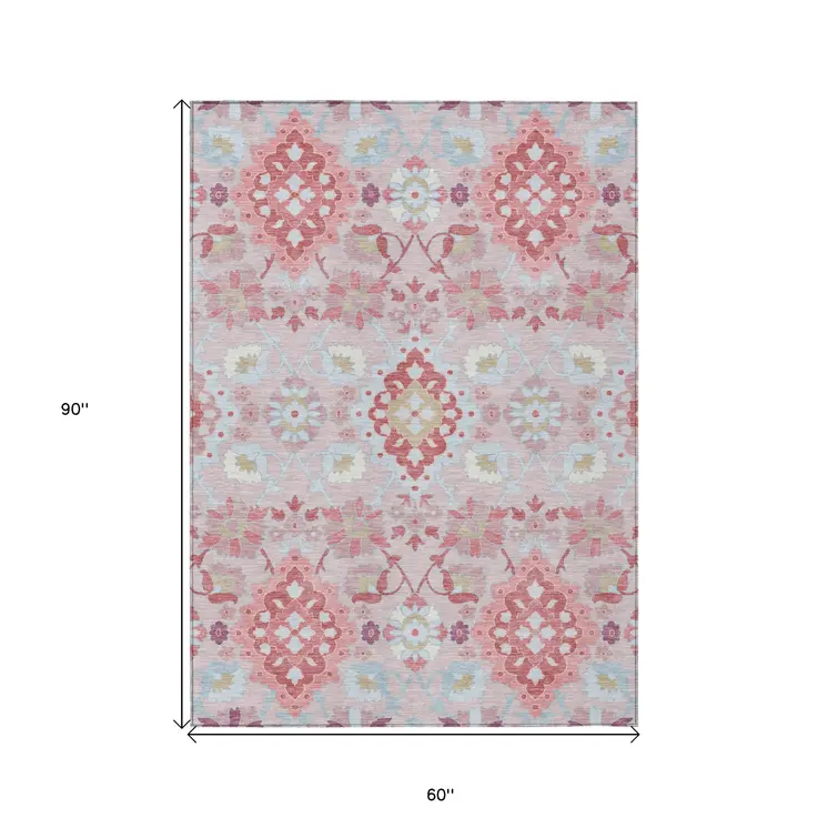 5' X 8' Blush Sky Blue And Brown Oriental Washable Indoor Outdoor Area Rug