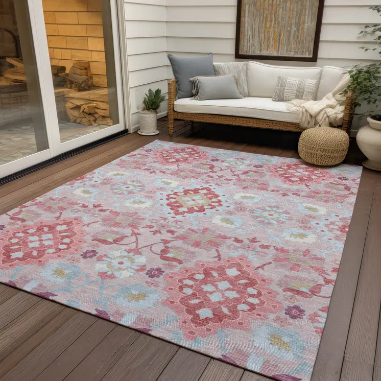 5' X 8' Blush Sky Blue And Brown Oriental Washable Indoor Outdoor Area Rug