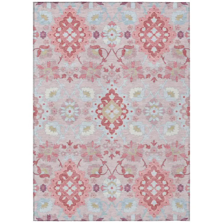 5' X 8' Blush Sky Blue And Brown Oriental Washable Indoor Outdoor Area Rug