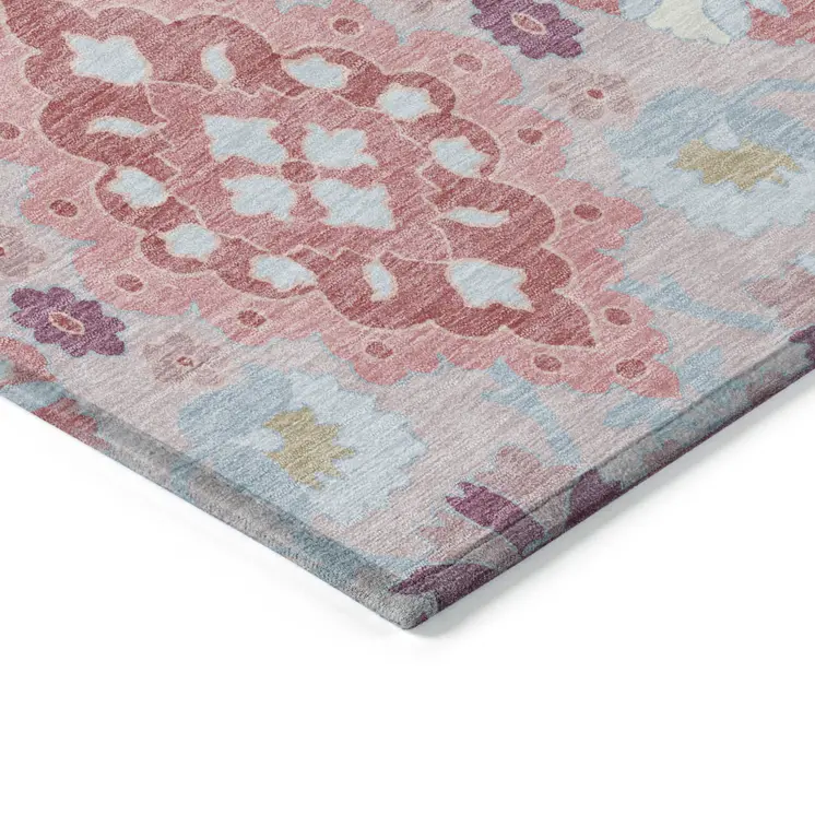 5' X 8' Blush Sky Blue And Brown Oriental Washable Indoor Outdoor Area Rug