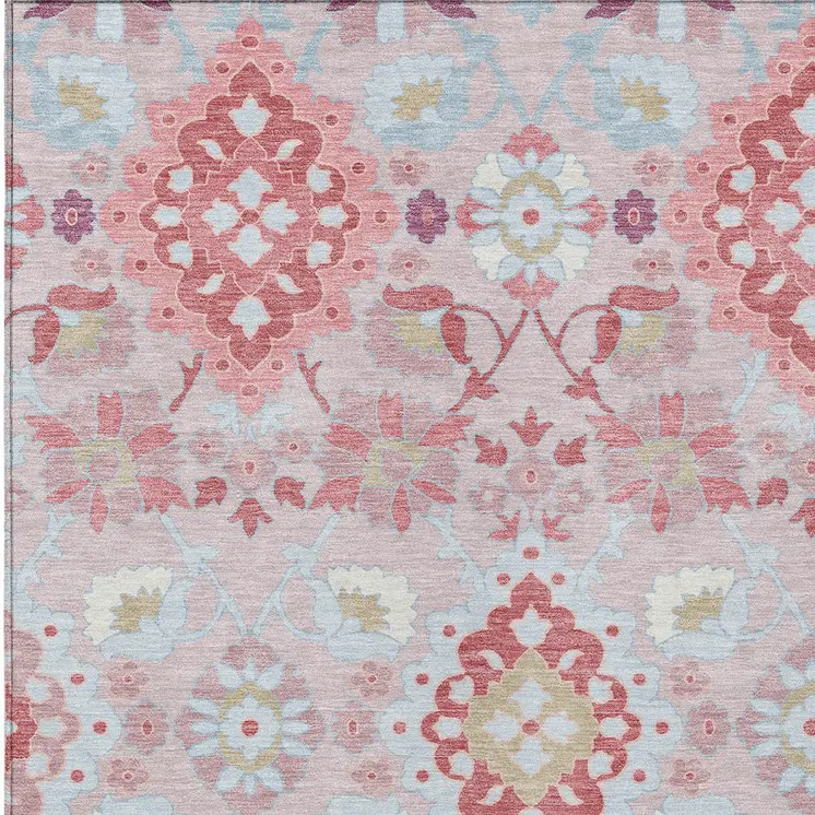 5' X 8' Blush Sky Blue And Brown Oriental Washable Indoor Outdoor Area Rug