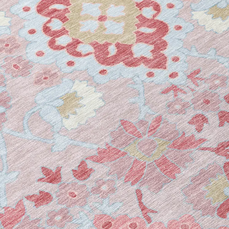 5' X 8' Blush Sky Blue And Brown Oriental Washable Indoor Outdoor Area Rug