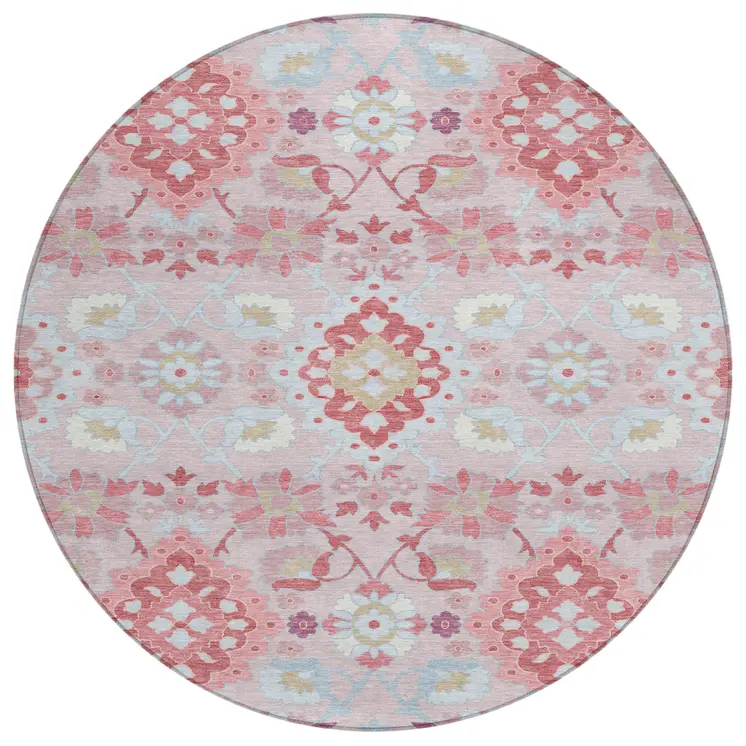 8' Blush Sky Blue And Brown Round Oriental Washable Indoor Outdoor Area Rug