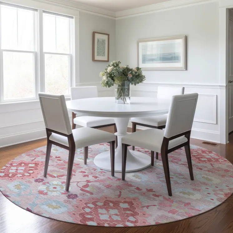 8' Blush Sky Blue And Brown Round Oriental Washable Indoor Outdoor Area Rug