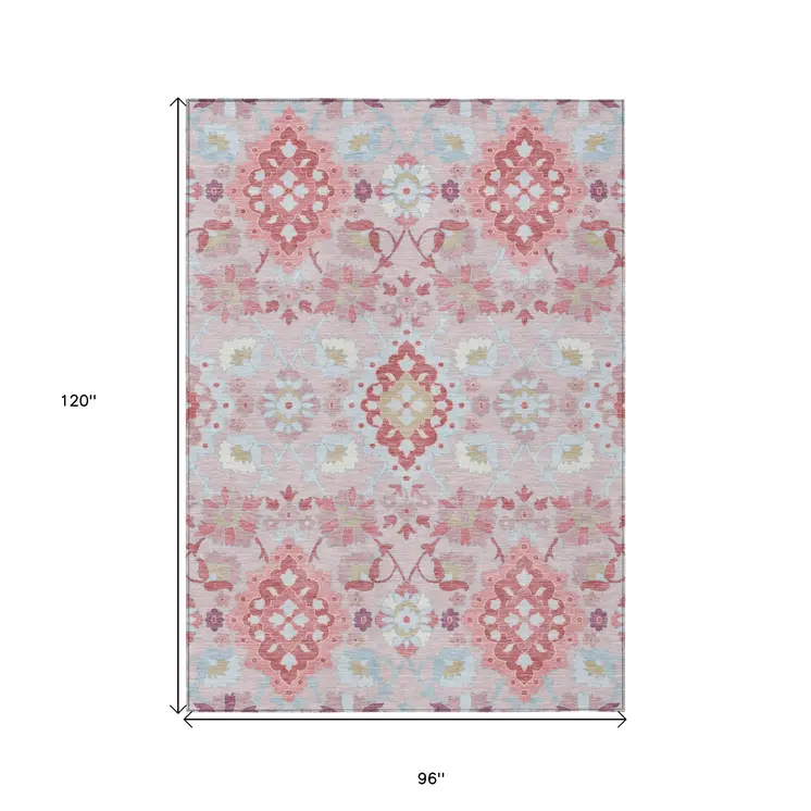 8' X 10' Blush Sky Blue And Brown Oriental Washable Indoor Outdoor Area Rug