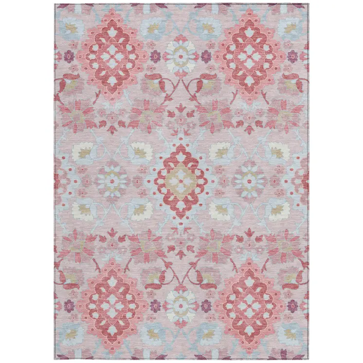 9' X 12' Blush Sky Blue And Brown Oriental Washable Indoor Outdoor Area Rug