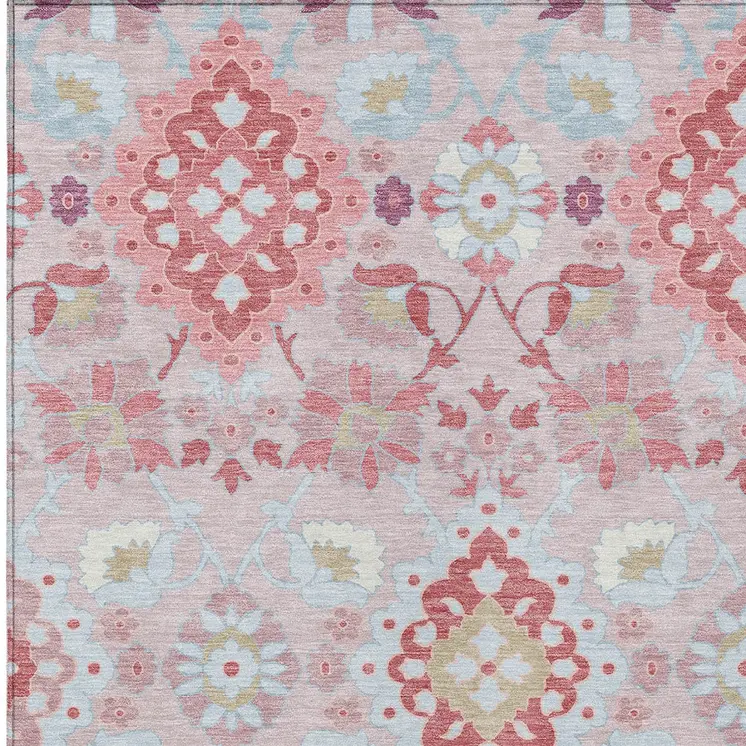 9' X 12' Blush Sky Blue And Brown Oriental Washable Indoor Outdoor Area Rug