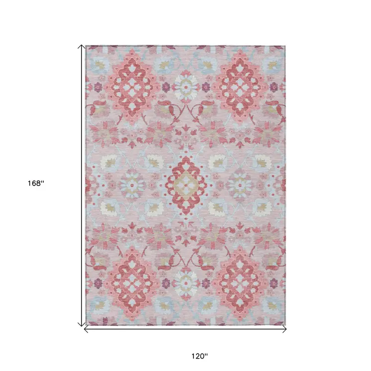 10' X 14' Blush Sky Blue And Brown Oriental Washable Indoor Outdoor Area Rug